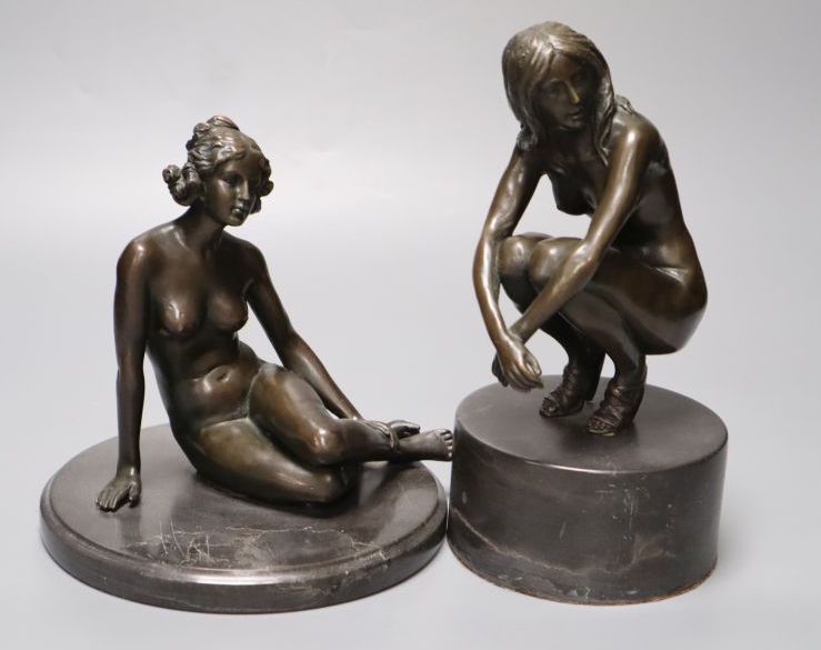 Two modern French bronzes of seated nudes on marble plinths, tallest 22cm